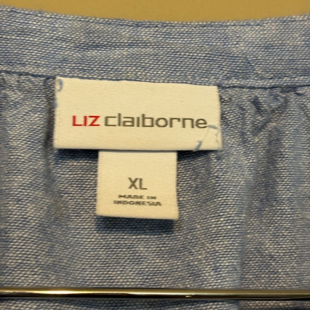 LIZ CLAIBORNE Linen Blend Denim Blue V-Neck Dress, w/Neck Embellishment - Picture 4 of 7